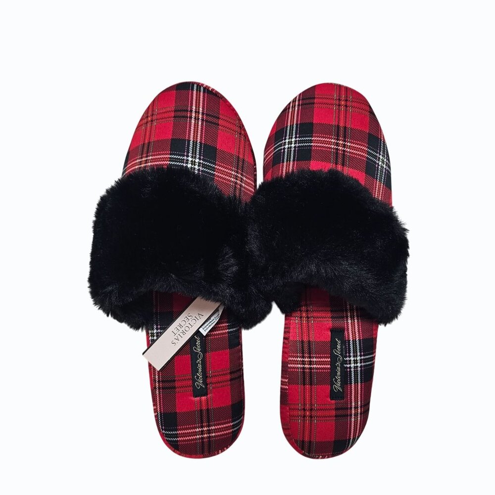 Victoria's Secret Signature Satin Fur Trim Slippers Red Plaid w Dust Bag M 7/8